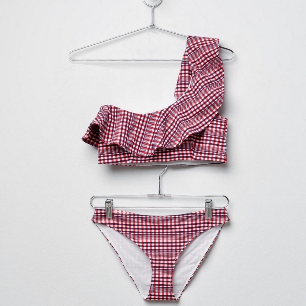 Ganni Mahogany Checked Bikini Baked Apple Medium Seersucker Gingham Red Blue
